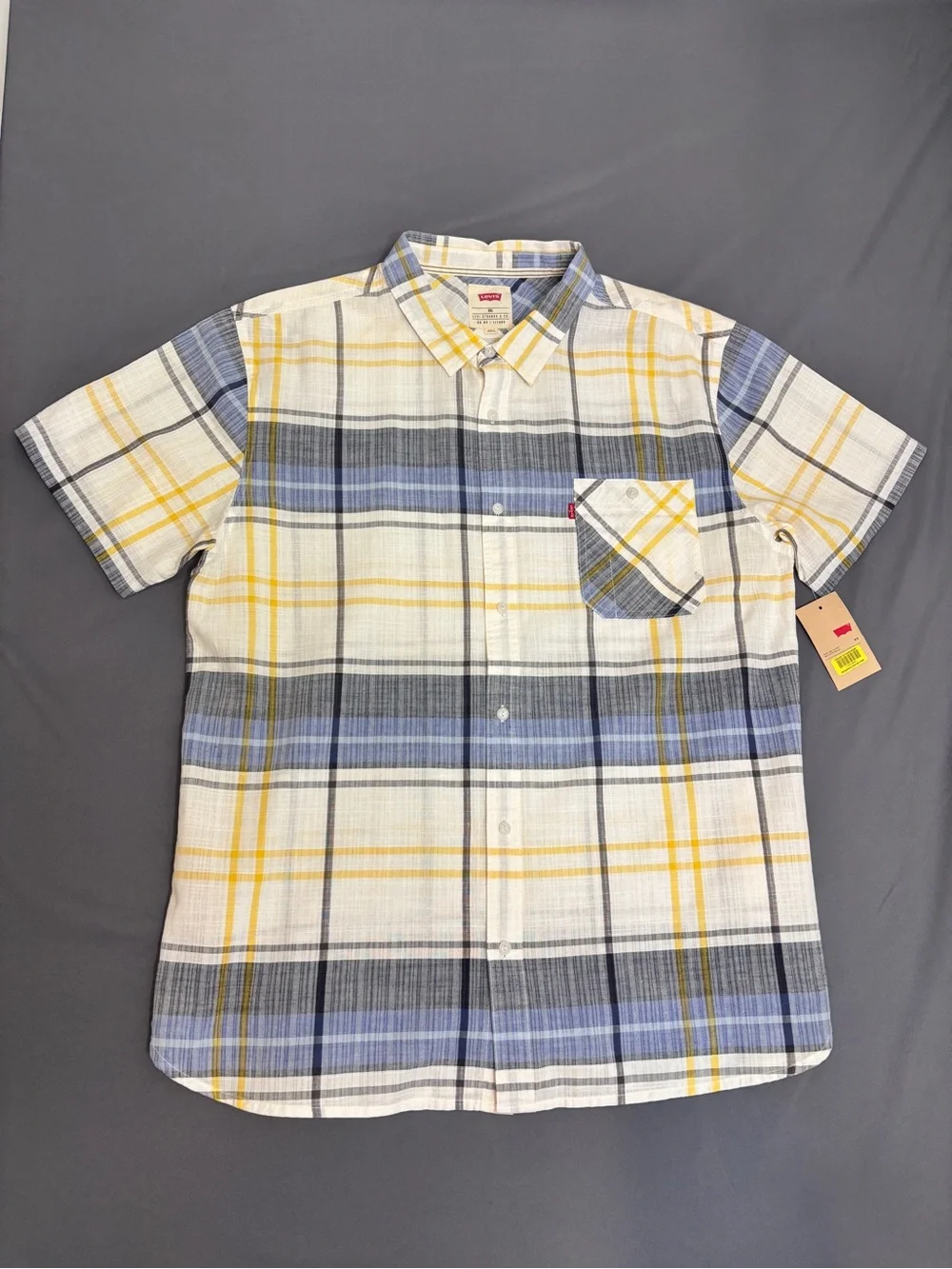 Levi's XXL Plaid Short Sleeve Button Front Shirt NWT Blue Yellow White Americana